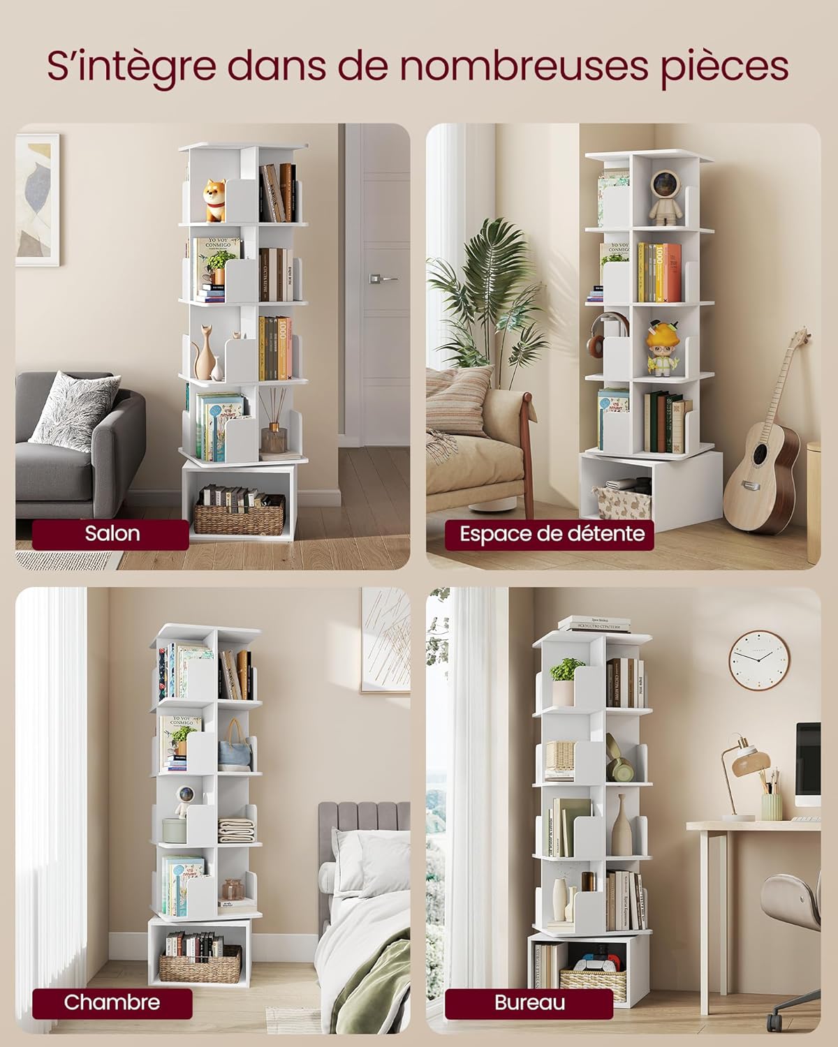 VASAGLE - Custos Collection - 40x40x155,8 cm - bibliothèque pivotante 5 niveaux, rotation 360°, blanc LBC472WB01