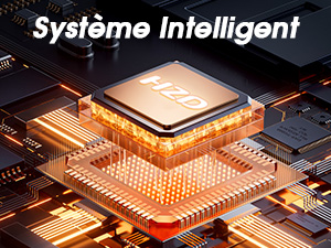 Gros plan d'une puce de processeur informatique illuminée sur un circuit imprimé, orange brillant, avec superposition de texte « Système Intelligent