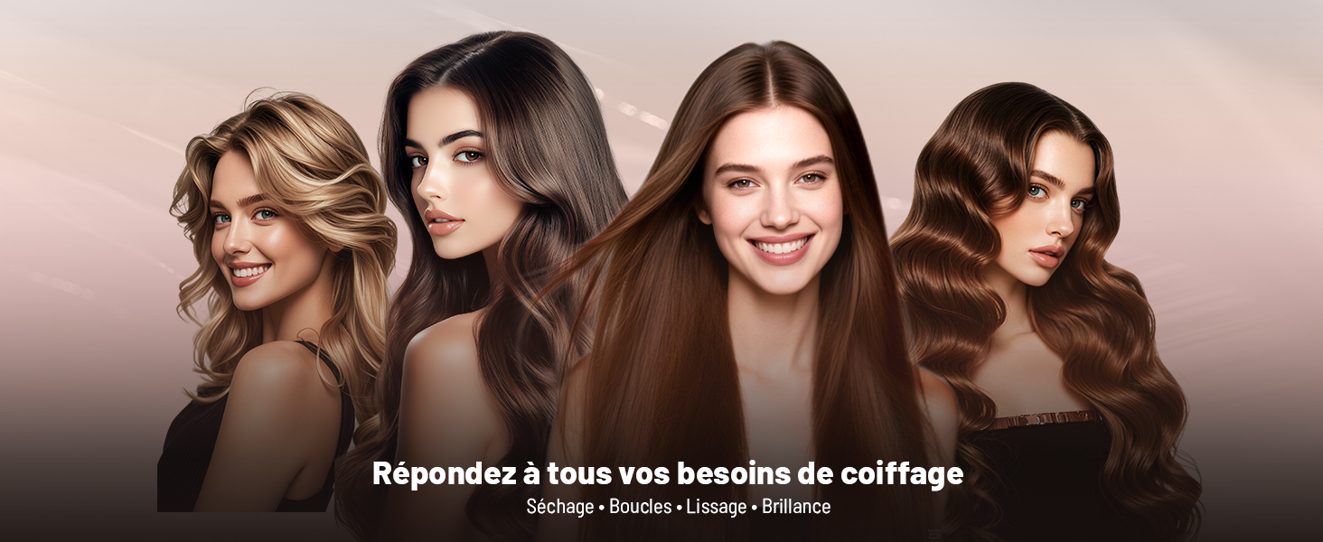 Le texte se lit comme suit : « Répondez à tous vos besoins de coiffure ». Plusieurs images montrant de longs cheveux bruns coiffés en différentes vagues et boucles sur fond rose.