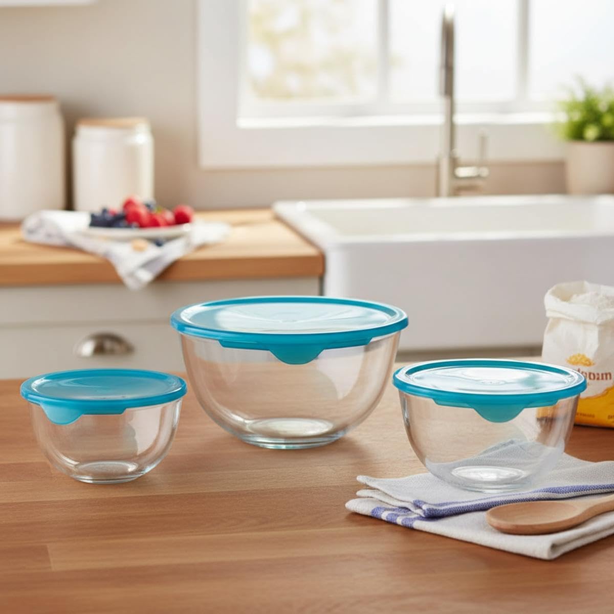 Pyrex - Bol verre borosilicate 2L, couvercle, résistant, transparent, vert