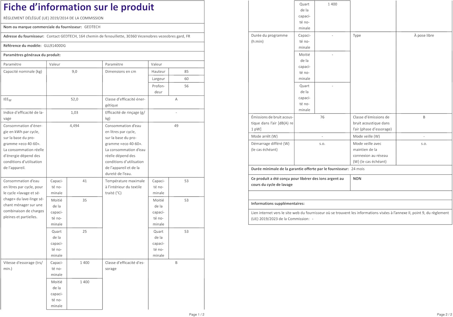 GEDTECH - lave-linge frontal 9kg, 1400 trs/min, eco, rapide, GLL91400DG