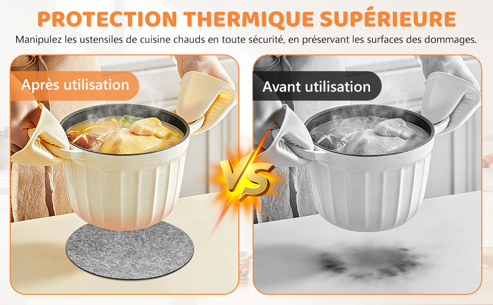 Le texte indique « PROTECTION THERMIQUE SUPÉRIEURE ». Démonstration d'ustensiles de cuisine montrant l'utilisation d'un coussin de protection contre la chaleur avec une marmite, comparaison avant et après utilisation.