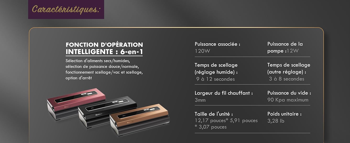 Trois appareils électroniques pour un fonctionnement intelligent, présentés en rose, noir et beige. Les spécifications des produits répertoriées incluent la capacité de la mémoire et l'autonomie de la batterie.