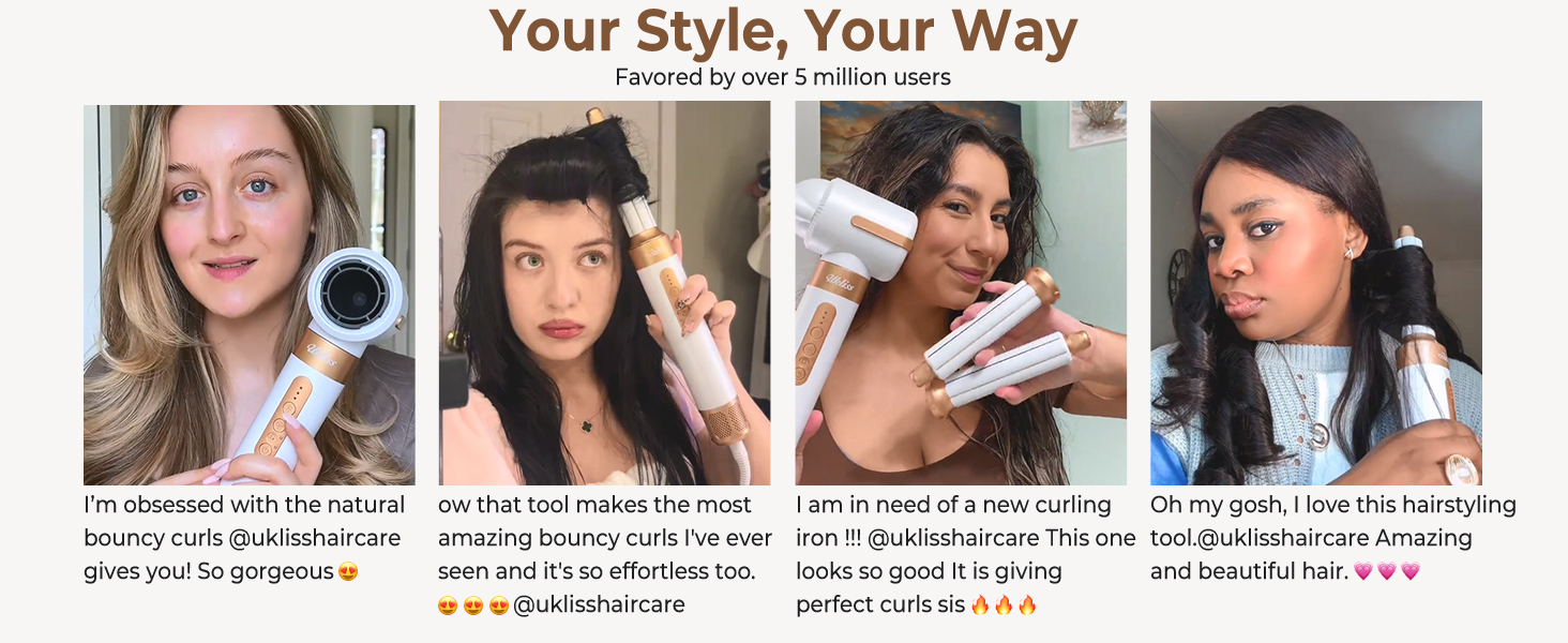 Le texte se lit comme suit : « Votre style, votre façon ». Séquence didactique montrant les différentes étapes de l'utilisation d'un appareil de coiffage avec des images d'instructions détaillées.