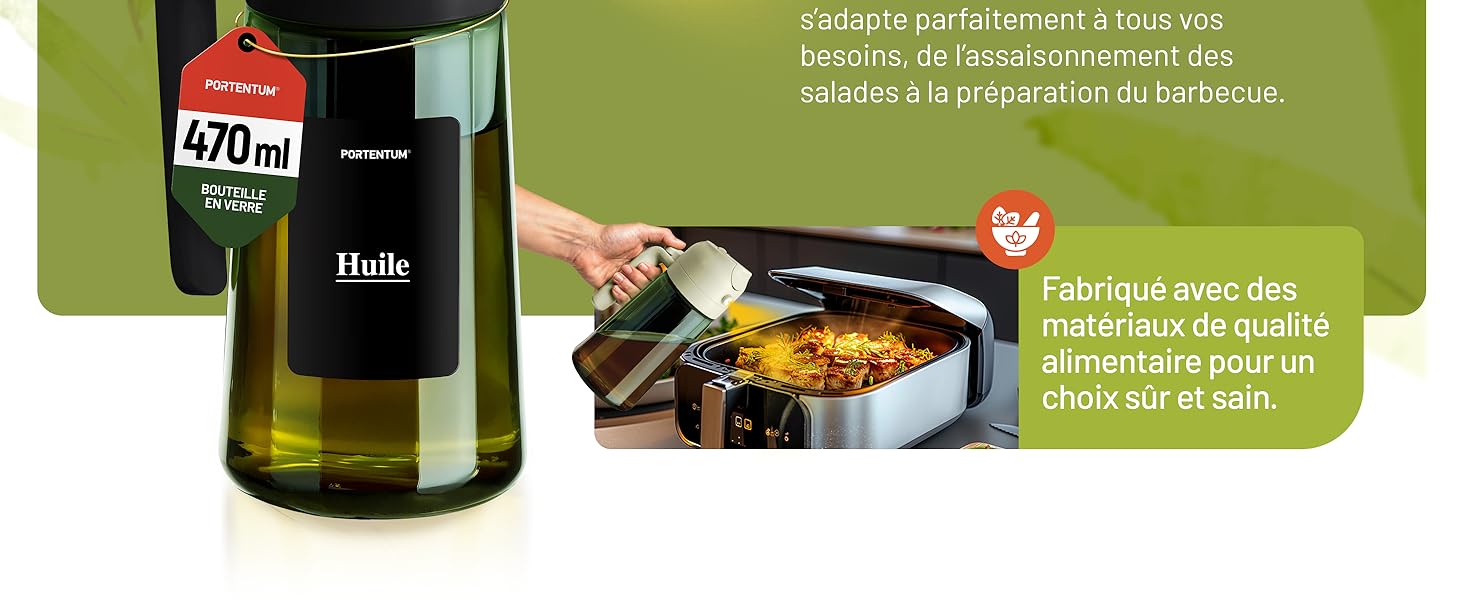 Série de photos de produits montrant une bouteille d'huile d'olive et une démonstration de versement. La superposition de texte vert fournit des informations sur le produit sur fond blanc.