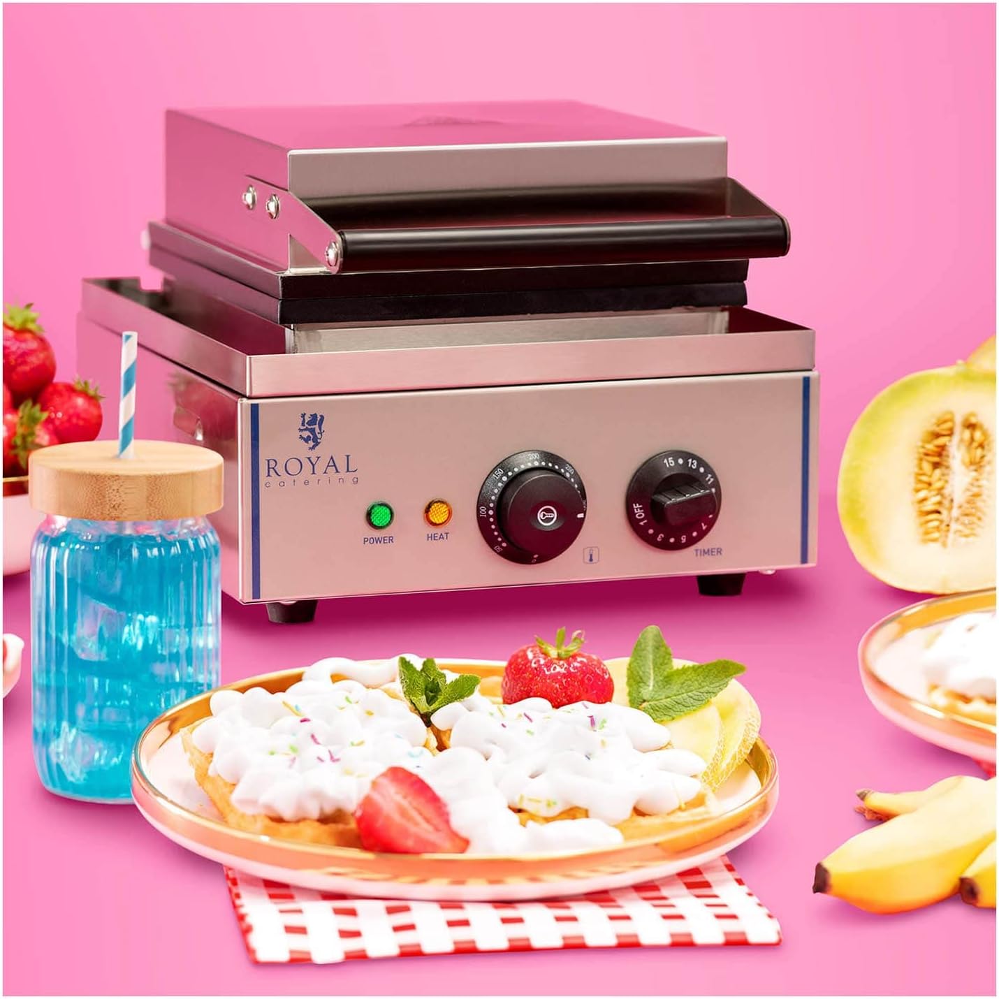 Royal Catering - Gaufrier RCWM-1500-H - 37x30,7x49,5 cm - 1500W, minuterie 15 min, plaque téflon, diamètre 21 cm
