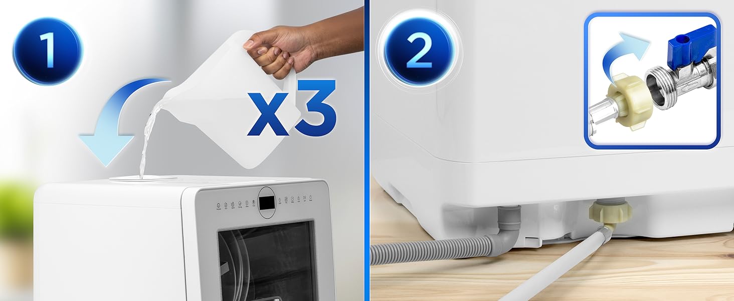 Image à deux panneaux d'un appareil blanc. Le panneau de gauche montre le liquide versé, le panneau de droite montre le raccordement d'une conduite d'eau. Texte « X3 » visible.