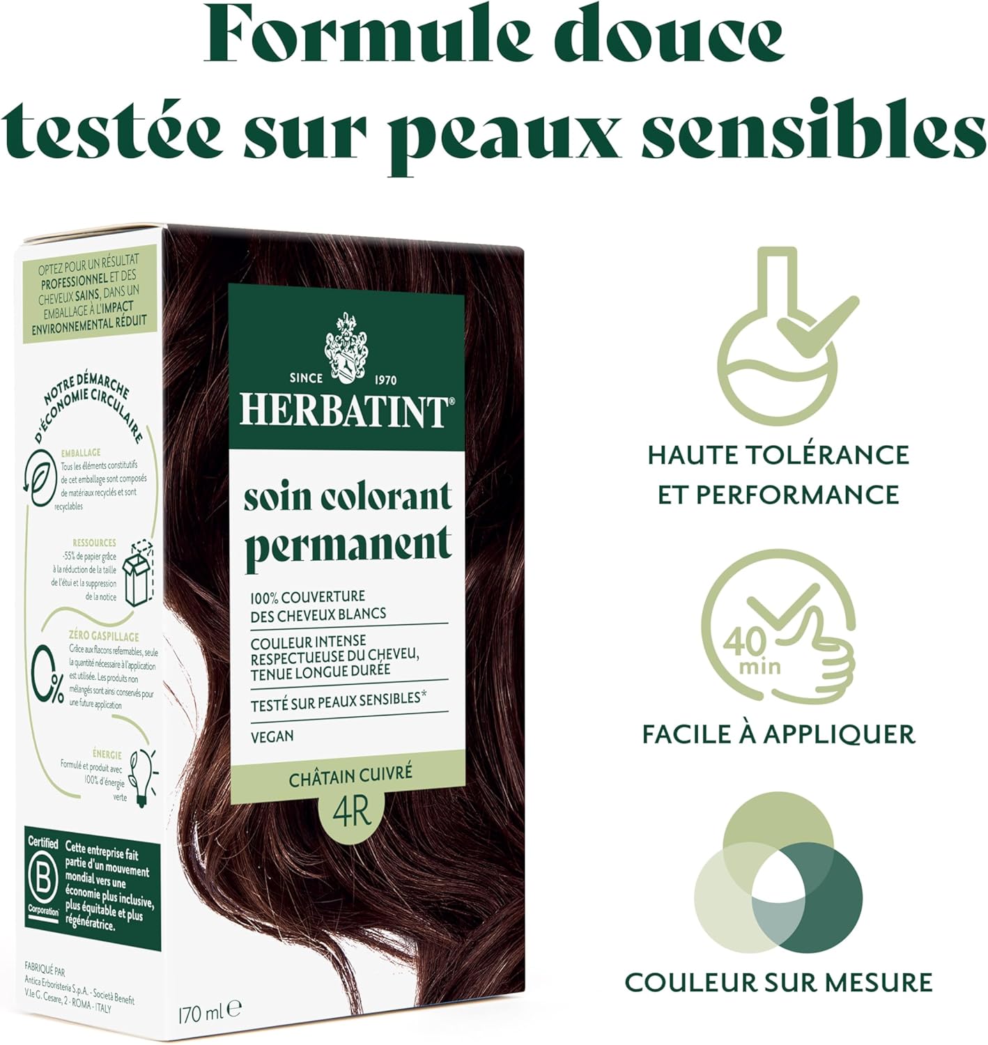 Herbatint - Soin Colorant Cheveux 170ml - Sans Ammoniaque, 100% gris, 8 extraits bio, 4R