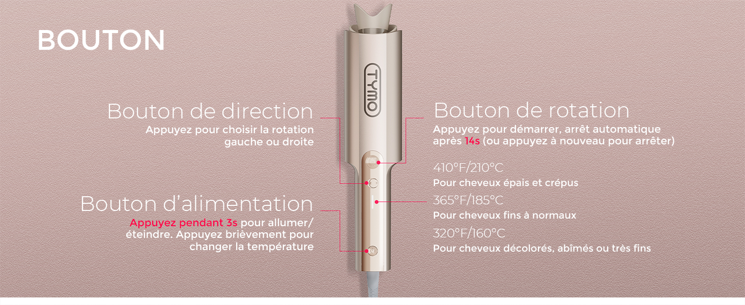 Le texte indique « BOUTON », « Bouton de direction », « Bouton de position », « Bouton d'alimentation ». Schéma technique teinté en rose montrant l'emplacement et les fonctions des boutons.