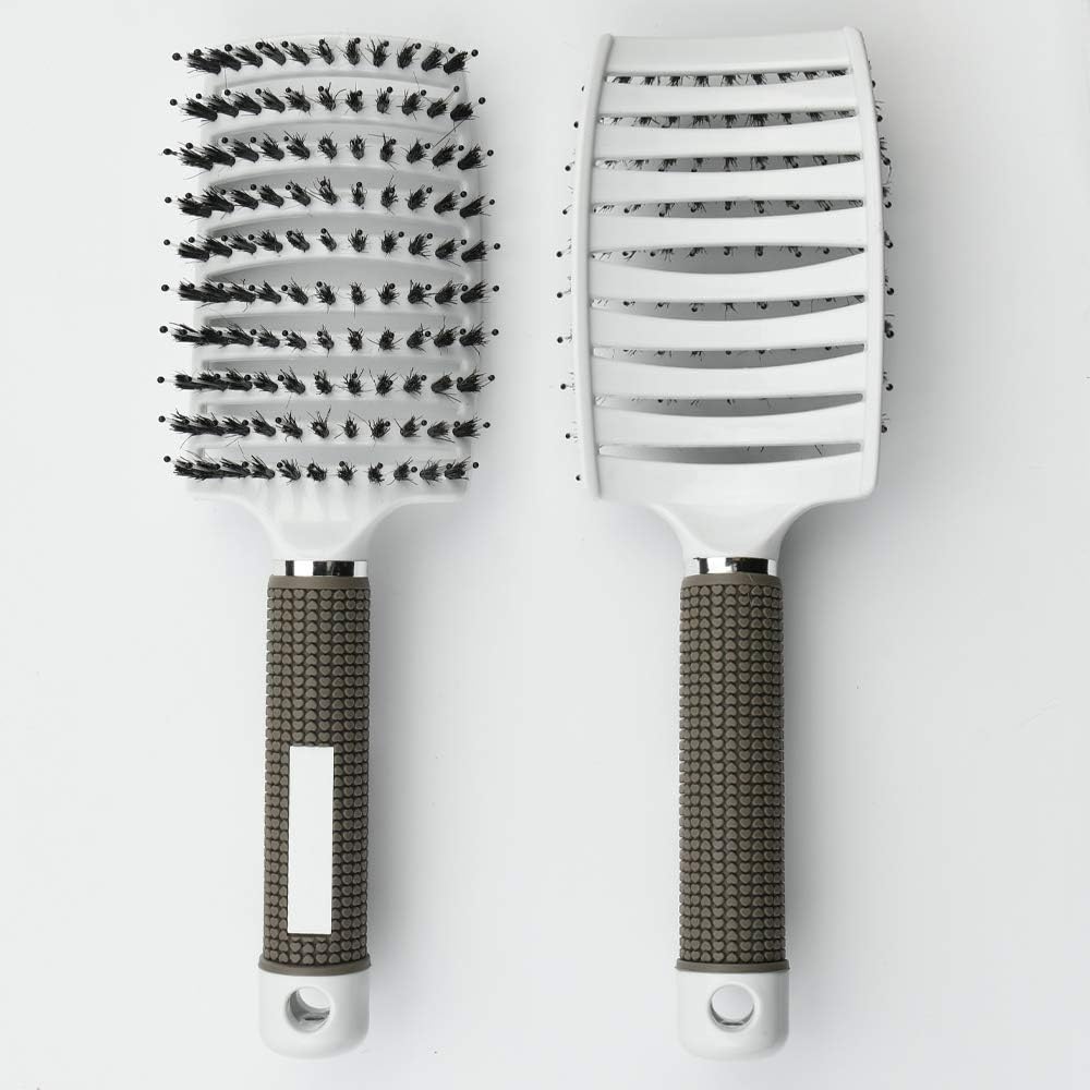 URAQT - Brosse à cheveux incurvée - démêlante, poils sanglier, blanche