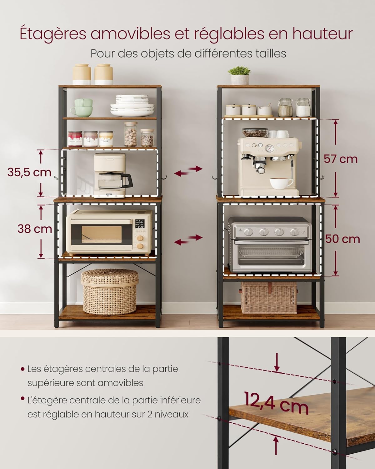 VASAGLE - étagère cuisine, acier, 40x60x167 cm, 6 niveaux, rustique - KKS024B01