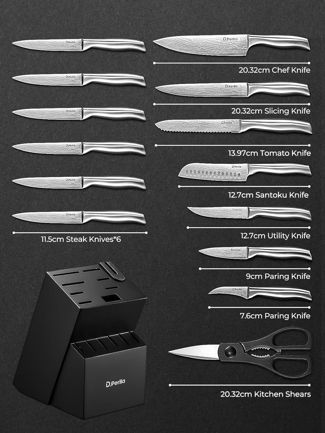D.Perlla - Set cuisine 15 pièces - acier inox - bloc auto-affûtant