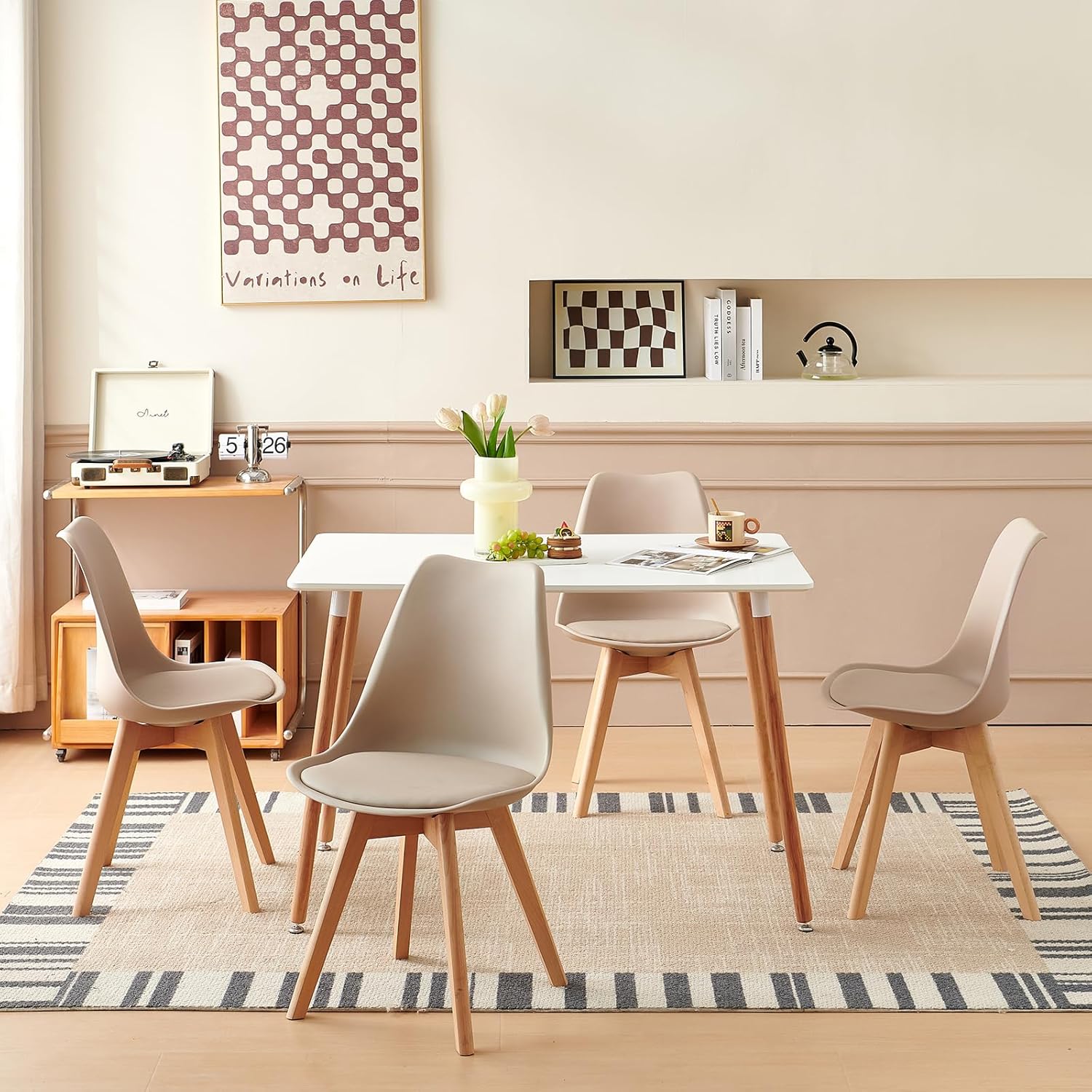 EGGREE - chaises scandinaves, lot de 4, bois hêtre, assise rembourrée, kaki clair