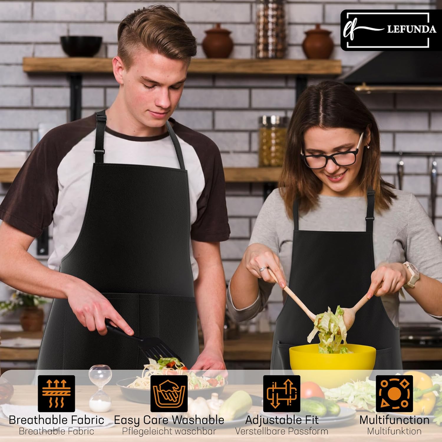 LEFUNDA - Tablier cuisine 3 poches - réglable, imperméable, longues lanières