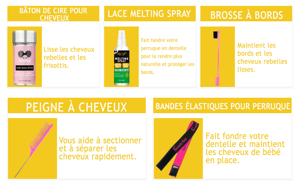 Série de panneaux jaunes et blancs montrant du texte en français sur les accessoires pour cheveux et les produits coiffants, notamment « PEIGNE À CHEVEUX » et « BANDES ÉLASTIQUES POUR PERRUQUE ».