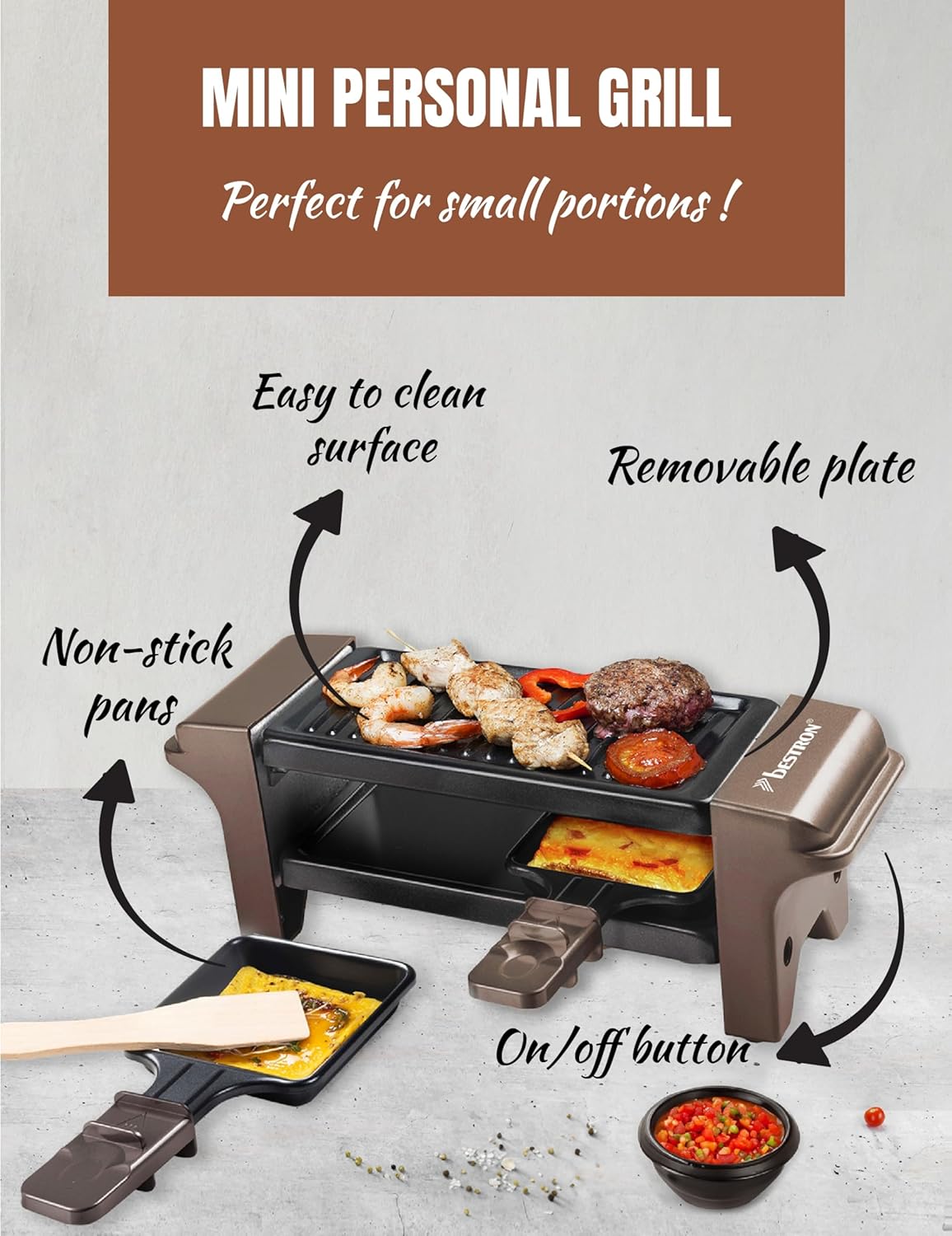 Bestron - Mini raclette cuivre 2 pers, 350W, antiadhésif, compact
