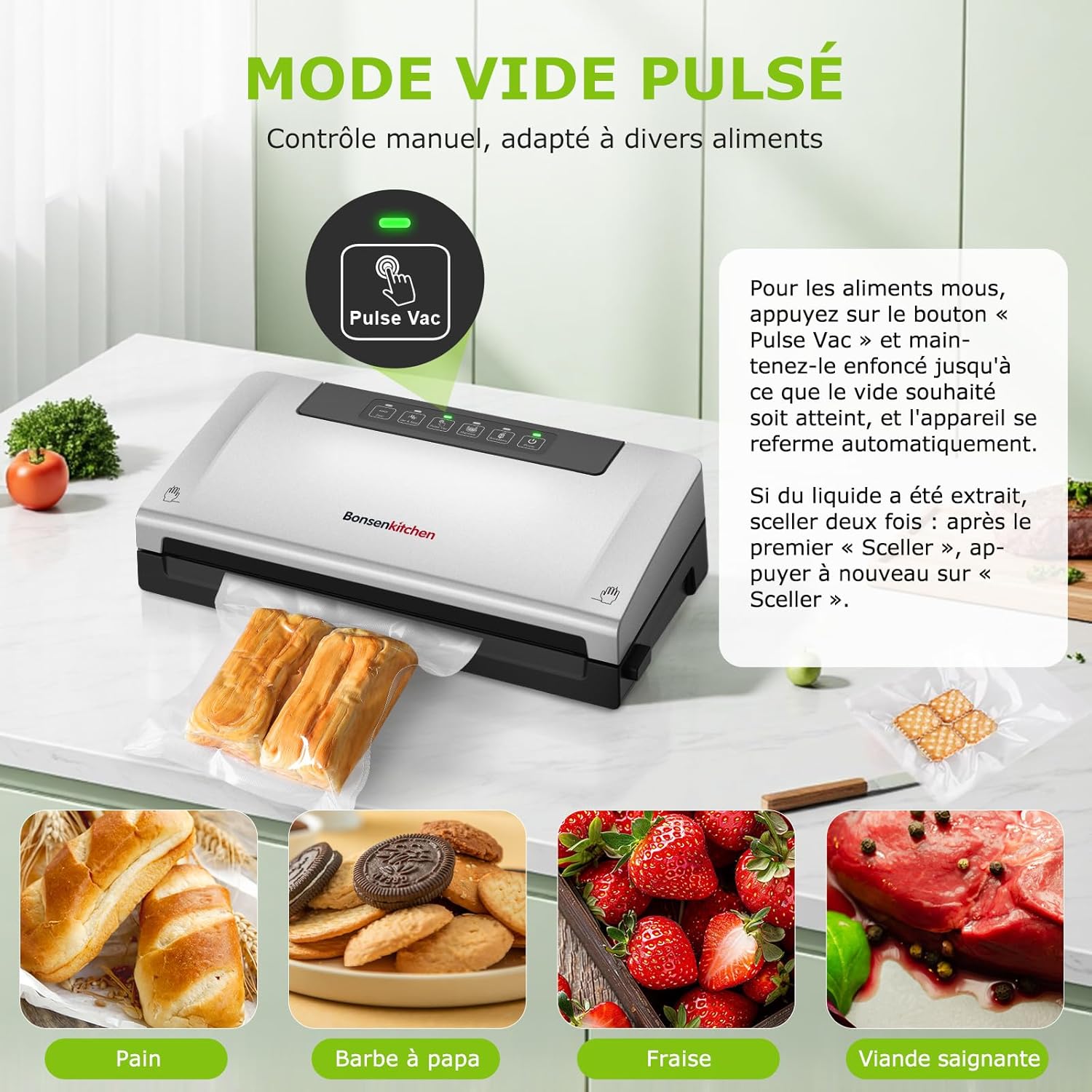 Bonsenkitchen - VS3000 - compacte - 5 modes, cutter, 10 sacs, rouleau