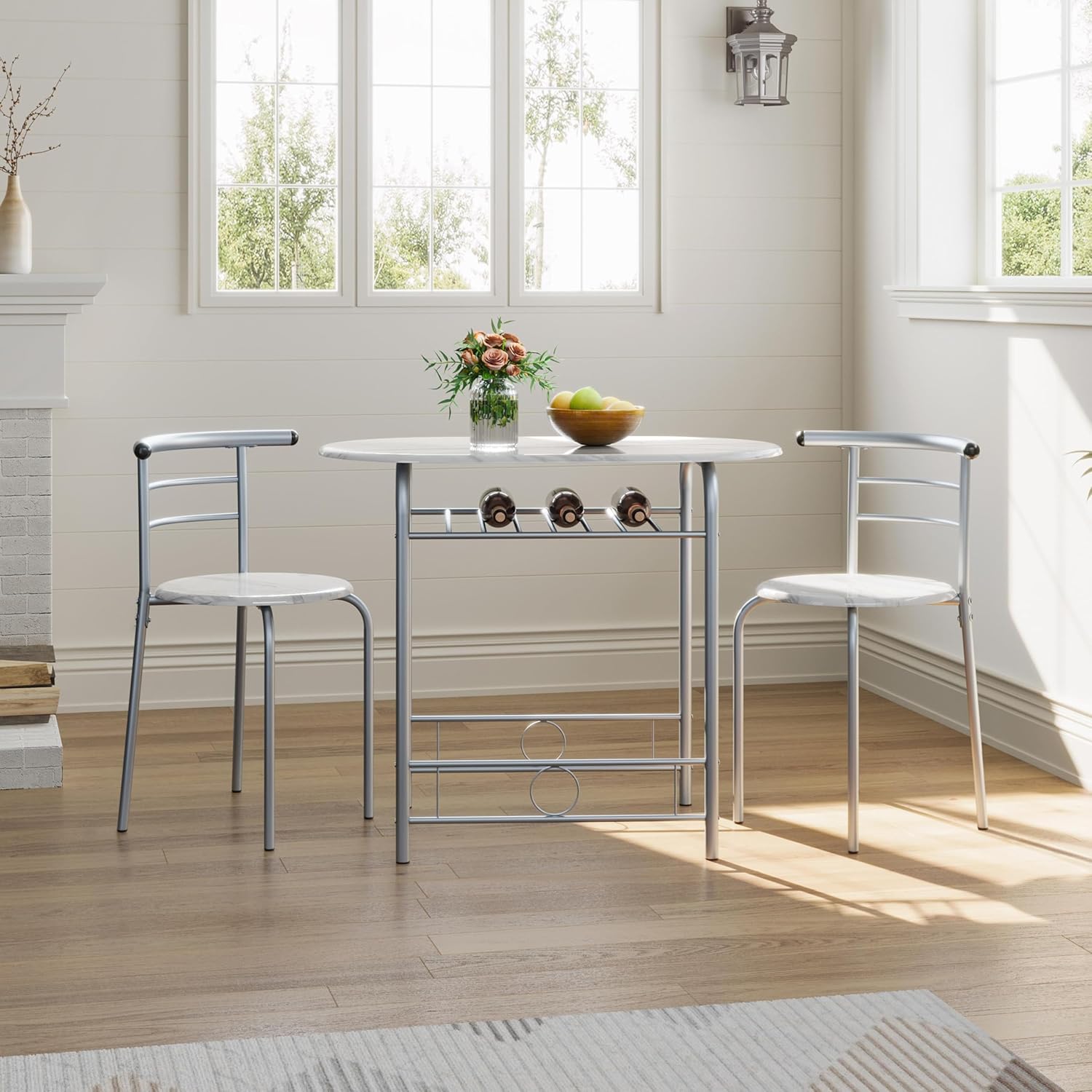 Yaheetech – Ensemble table ronde, 2 chaises, bois MDF, métal, porte-bouteilles, pour petit espace, Studio Blanc