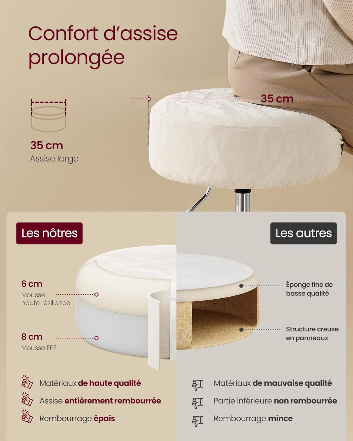 VASAGLE - tabourets de bar réglables, PU, coussin épais, blanc crème ZH2504015