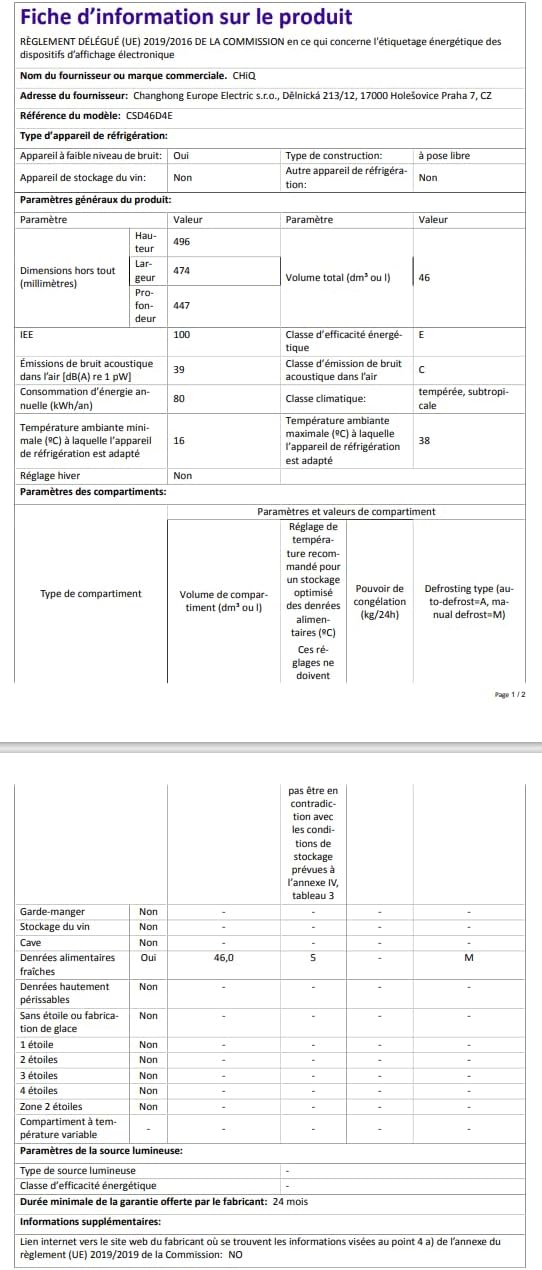 CHIQ - mini réfrigérateur compact 46L, silencieux, porte-bouteilles, thermostat réglable, 47x44,7 cm, CSD46D4E