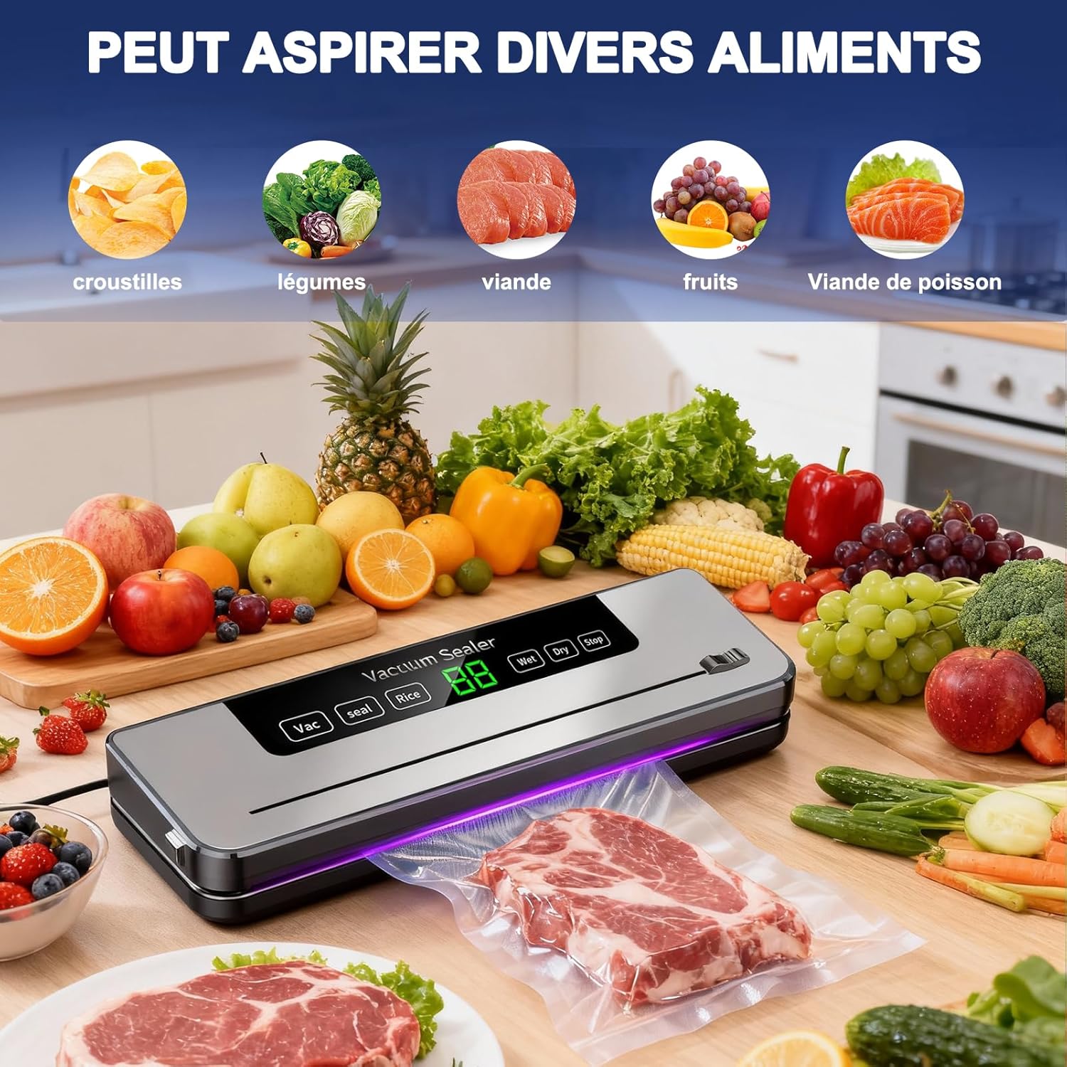 Machine sous vide alimentaire - 5 en 1 - avec 50 sacs - modes humide/sec, multifonction