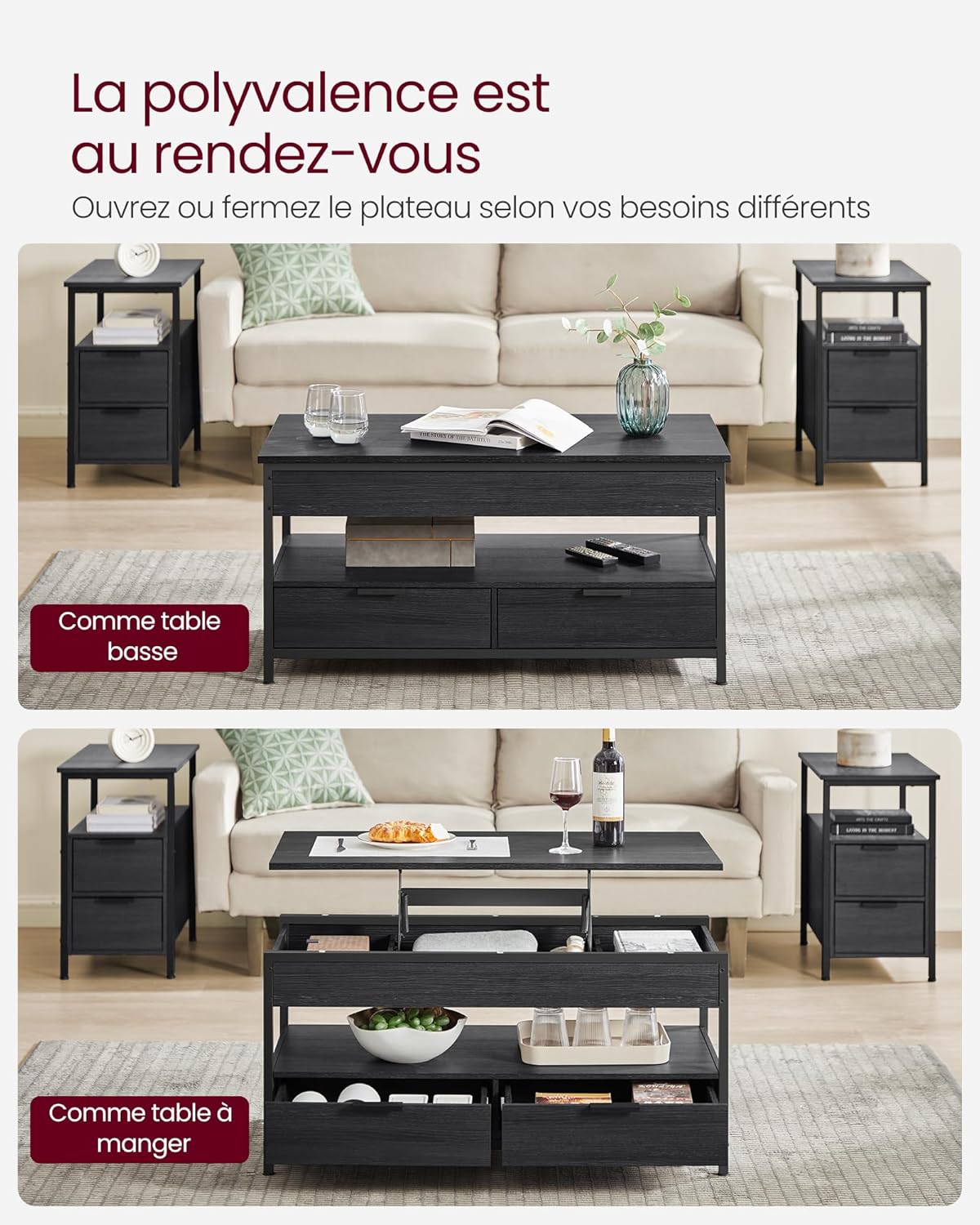 VASAGLE - table basse relevable série LCT209B22, tiroirs et rangement, gris anthracite  LCT209B22