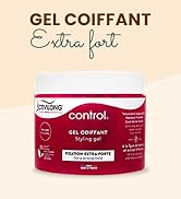 Pot rouge de gel coiffant extra-fort étiqueté « Gel Coiffant Extra Fort » sur fond pêche avec texte