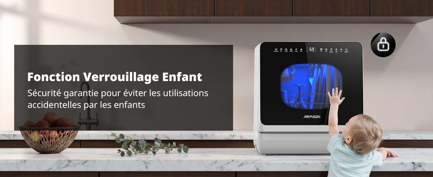 Le texte indique « Fonction Verrouillage Enfant ». Montre une personne interagissant avec un affichage numérique ou un écran dans un environnement faiblement éclairé.