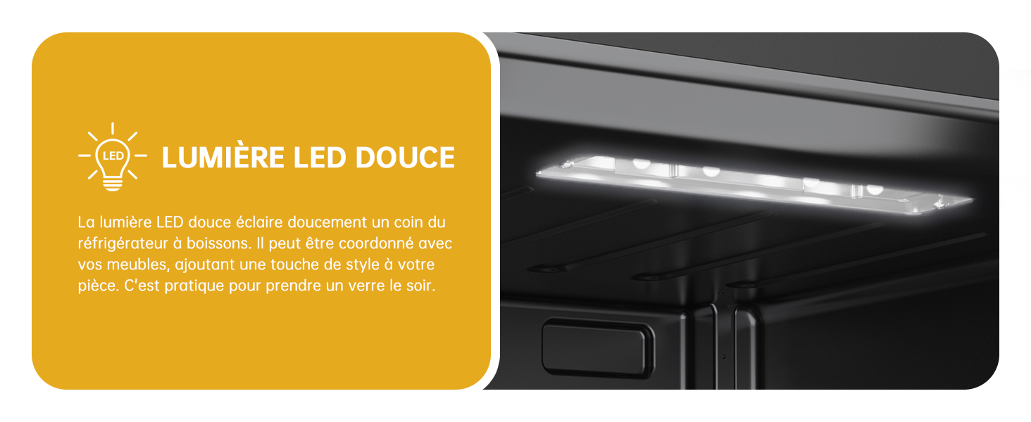 en français. Montre une bande LED blanche douce éclairant un espace sombre, probablement à l'intérieur d'un produit ou d'un véhicule
