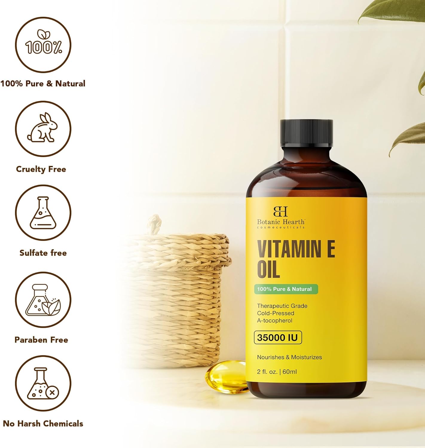 Botanic Hearth - Huile vitamine E 35 000 UI - 2 Fl oz - soin ongles, cheveux, cils, brosse incluse