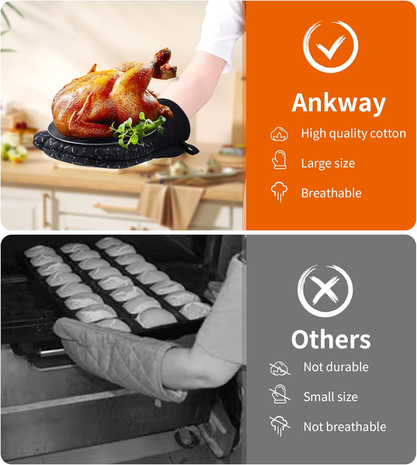Ankway - Gants de Cuisine épais silicone 30 cm - antidérapant, coton doux