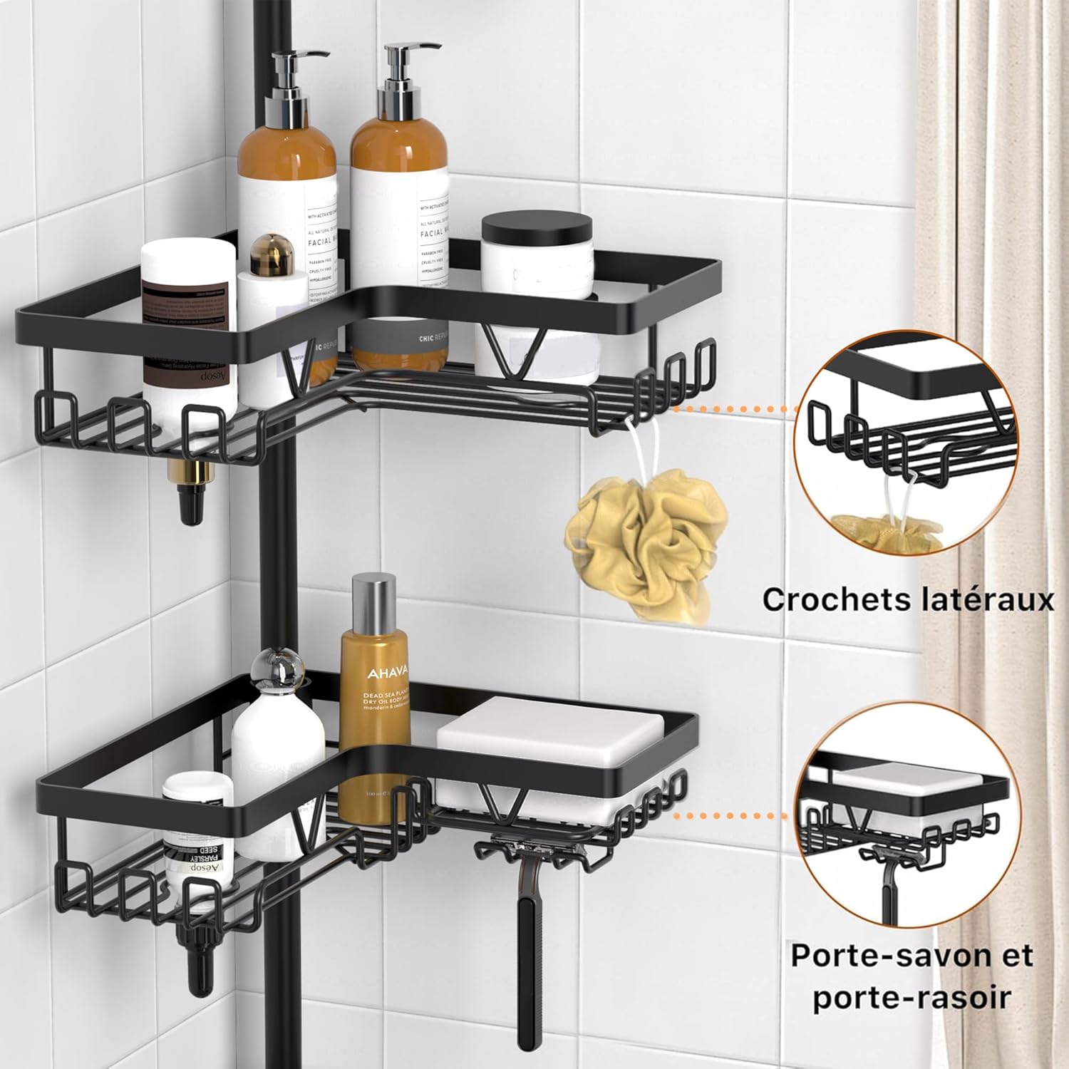 Kegii - étagère douche télescopique, 4 paniers réglables, noir