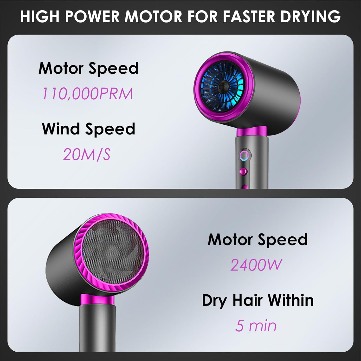 Sèche-Cheveux - 2400W, ionique, 3 températures, diffuseur, buses