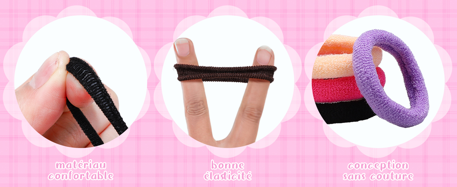 Trois types d'élastiques à cheveux : un élastique noir fin, une pince en plastique en forme de U et des chouchous en tissu coloré. Fond rose avec texte descriptif.