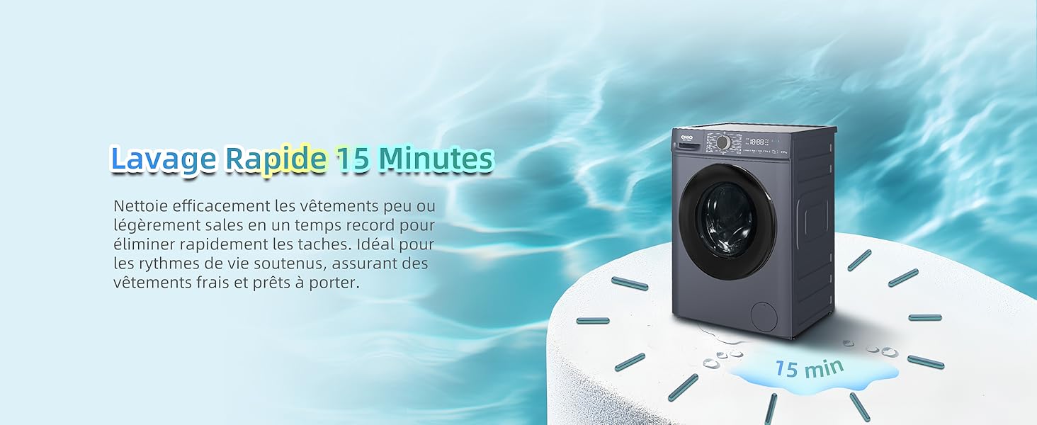Machine à laver à chargement frontal gris foncé avec cycle de lavage rapide de 15 minutes, illustrée sur un schéma en forme d'horloge mettant l'accent sur le temps de lavage rapide sur un fond sur le thème de l'