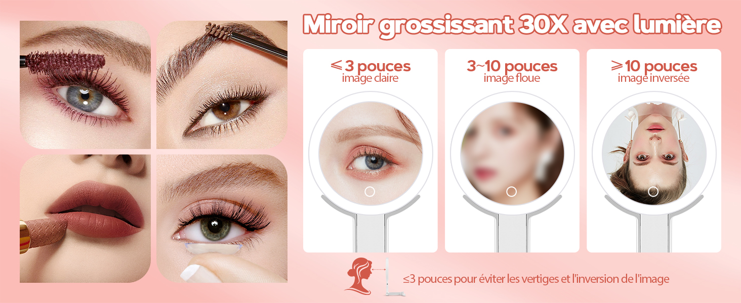Le texte se lit comme suit : « Miroir grossissant 30X avec lumière ». Schéma montrant trois positions d'utilisation du miroir de maquillage avec indicateurs de rotation.