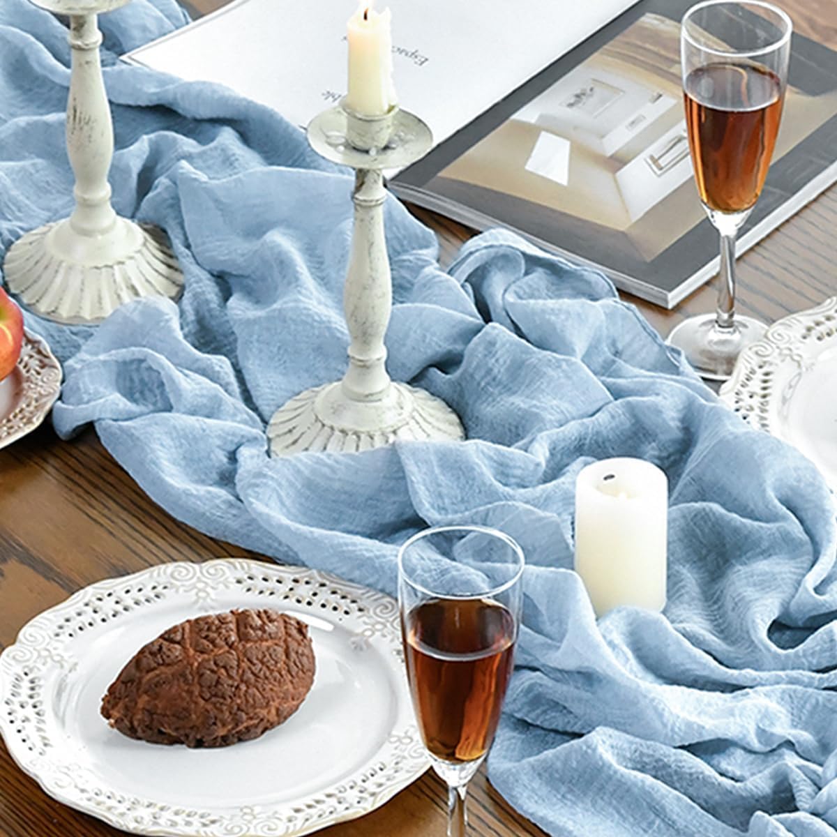 Artoid Mode - Chemin de table bohème gaze bleu glacier 300 cm - décoration mariage et fêtes