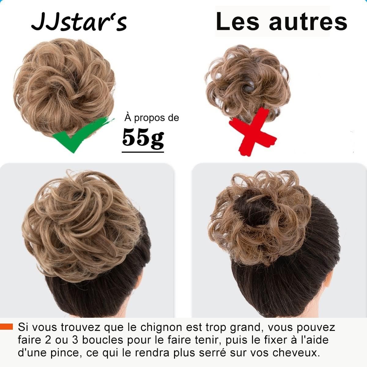 JJstar - Chignon postiche bouclé, élastique, cheveux auburn medium