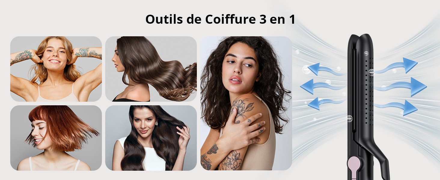 Le texte se lit comme suit : « Outils de Coiffure 3 en 1 ». Images de démonstration de produits montrant des techniques de coiffure avec des flèches indiquant un mouvement directionnel.