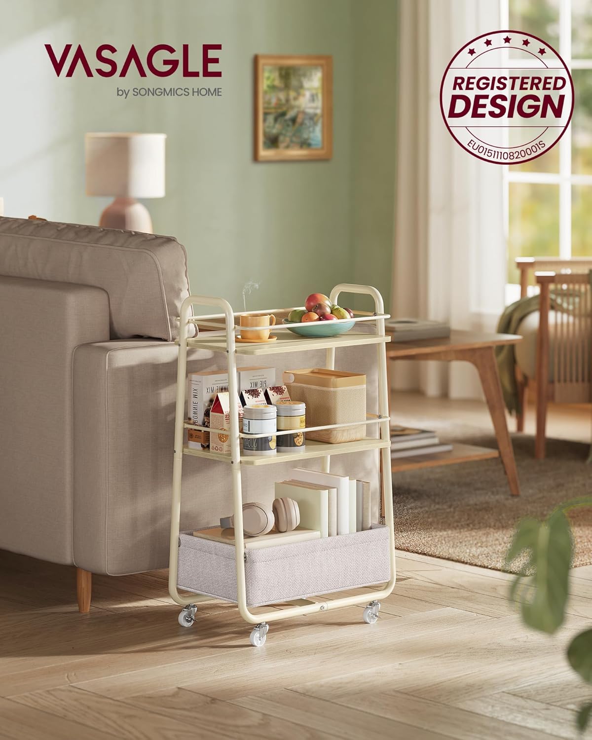 VASAGLE - LILEA Collection - chariot 3 niveaux, étagères tissu, beige/blanc, LRC001LL02