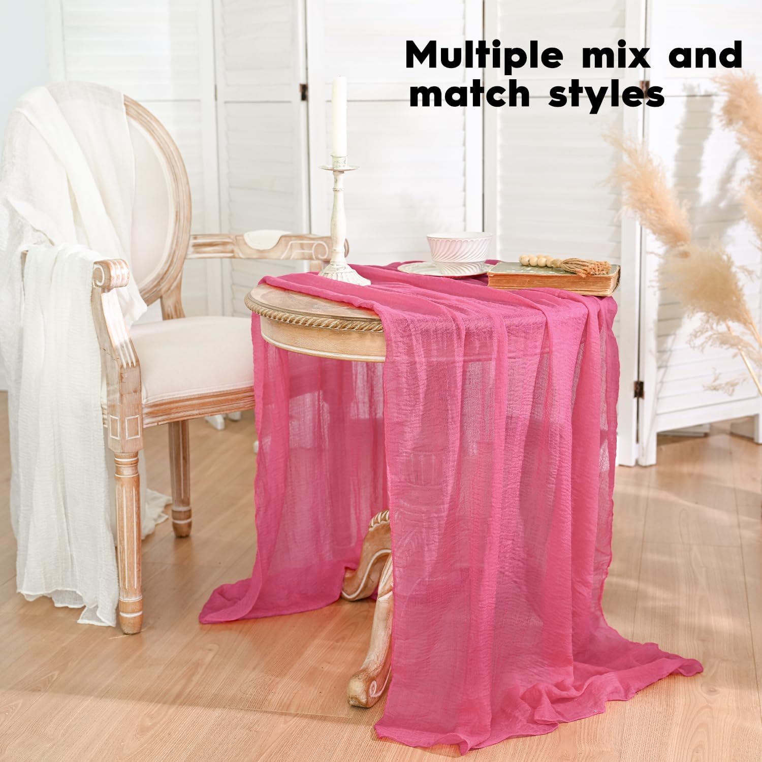 Artoid Mode - Chemin de table bohême gaze mousseline 300cm - rouge rose, décoration mariage et fêtes