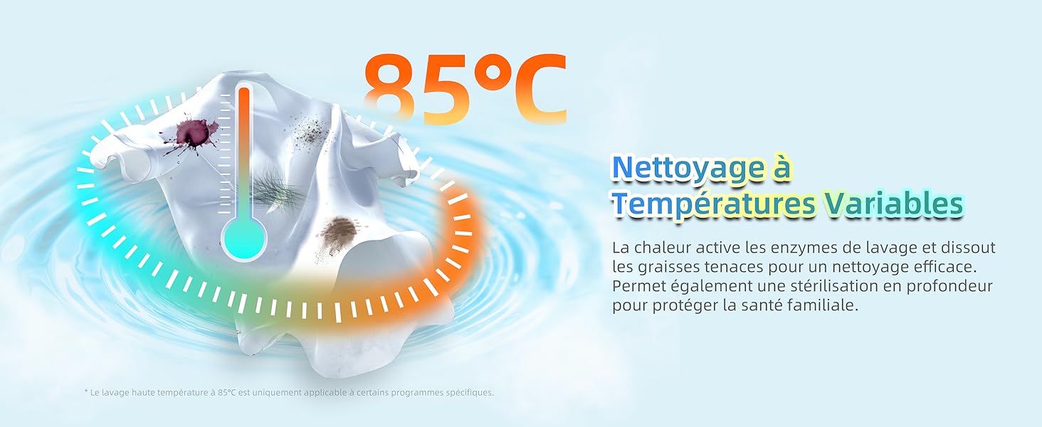 Illustration du contrôle de la température de la machine à laver indiquant le réglage à 85 °C. Le gradient circulaire du bleu à l'orange représente des températures variables. Le texte français indique une fonction de nettoyage à température variable.