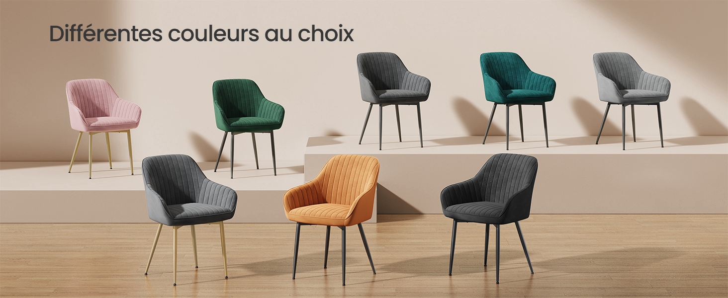 Exposition de huit chaises de salle à manger modernes de différentes couleurs, dont le rose, le vert, le gris et l'orange, avec un revêtement rembourré et des pieds en métal