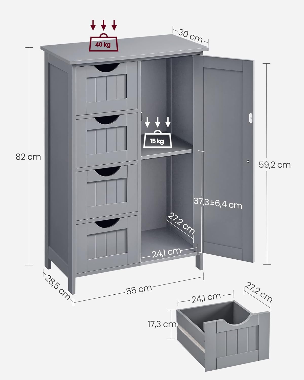 VASAGLE - armoire salle de bain avec 4 tiroirs, étagère réglable, 30x55x82cm, LHC041P36