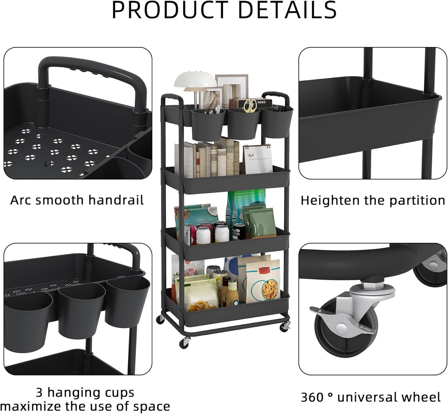 JIUYOTREE - chariot 4 niveaux, roulettes verrouillables, gobelets, poignées, noir