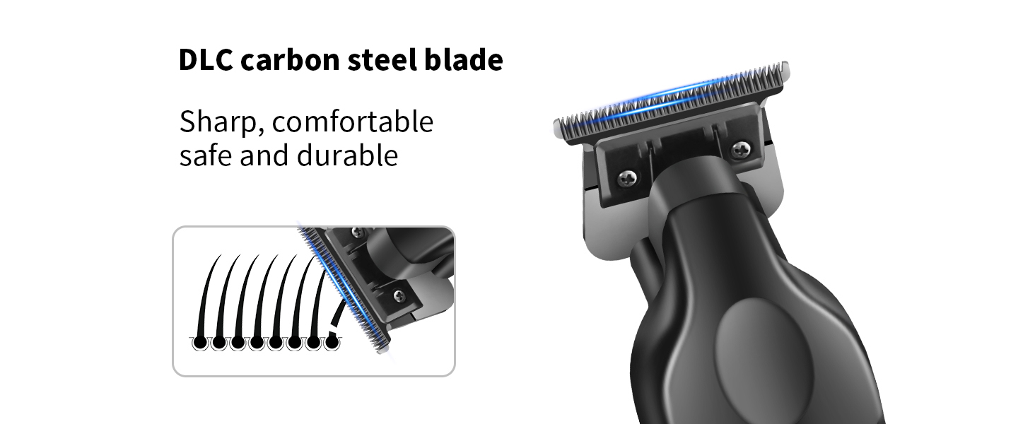 Gros plan d'une tondeuse à cheveux noire avec lame en acier au carbone DLC. Dispose de dents acérées et d'un manche ergonomique. L'encart montre les longueurs de lame réglables