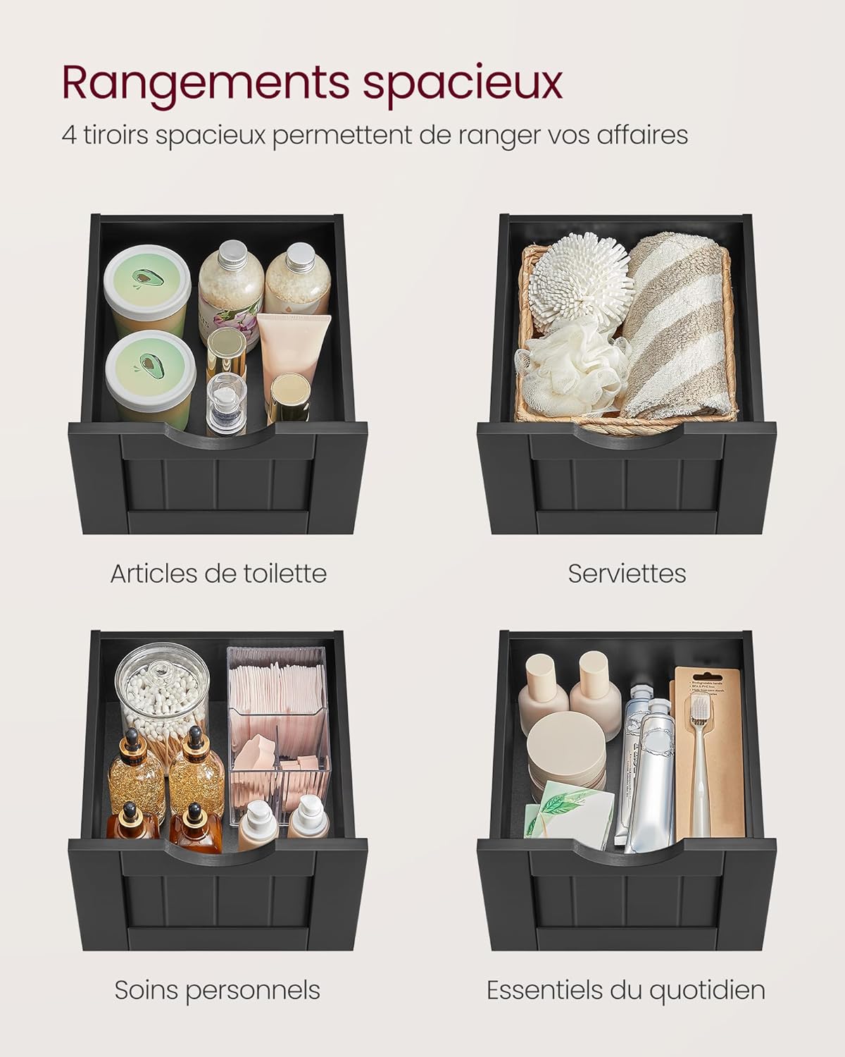 VASAGLE - meuble salle de bain moderne, 4 tiroirs, 30x30x82 cm - LHC040B01