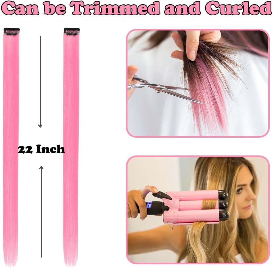 Extensions de cheveux colorés - 12 pièces - clipser - mèches roses