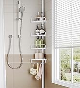 avec plusieurs étagères pouvant contenir des produits de salle de bain, doté d'un design blanc à poteaux de tension avec niveaux réglables et crochets