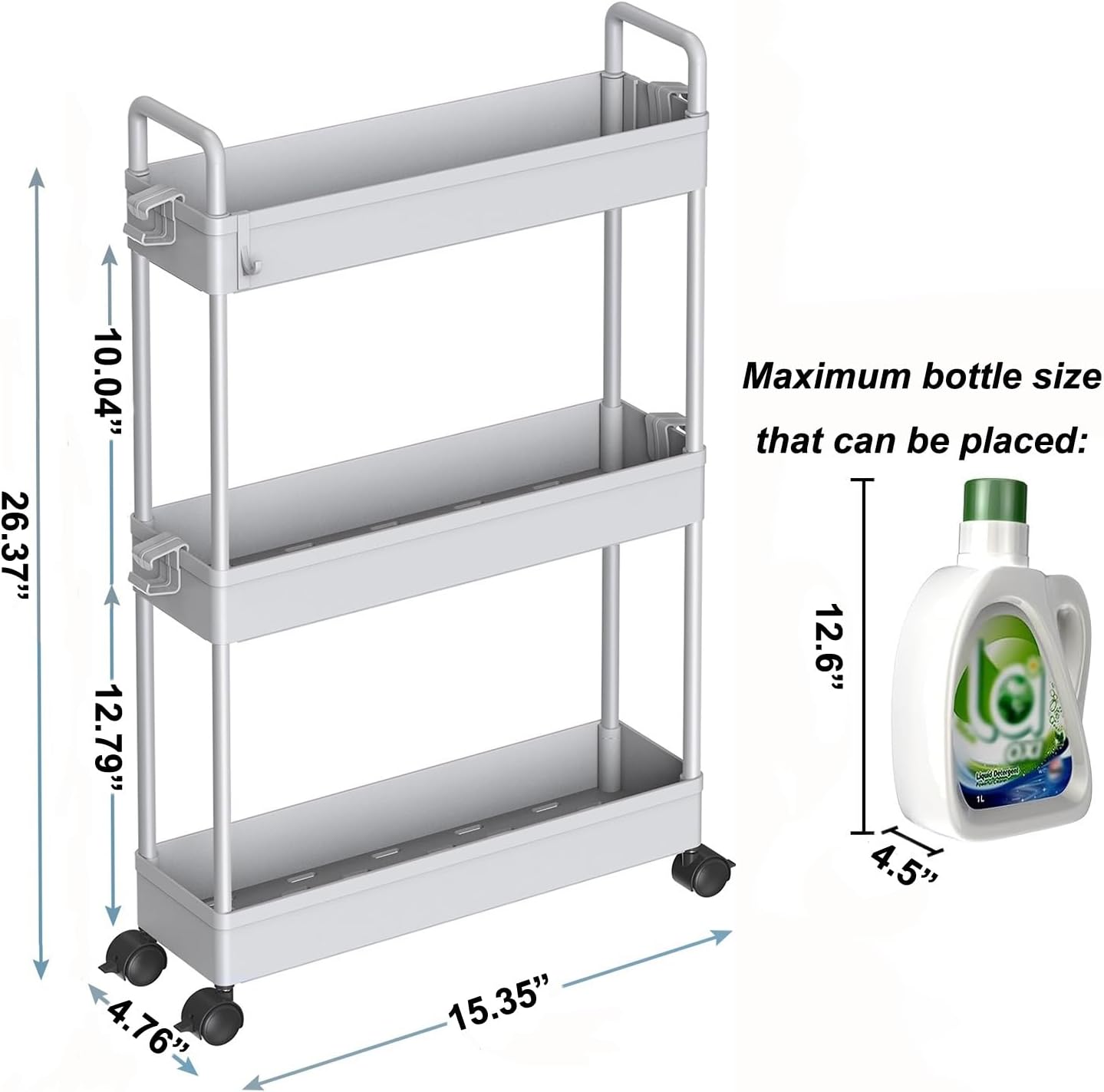 SOLEJAZZ - chariot 3 niveaux mobile gris - rangement compact cuisine, salle de bain